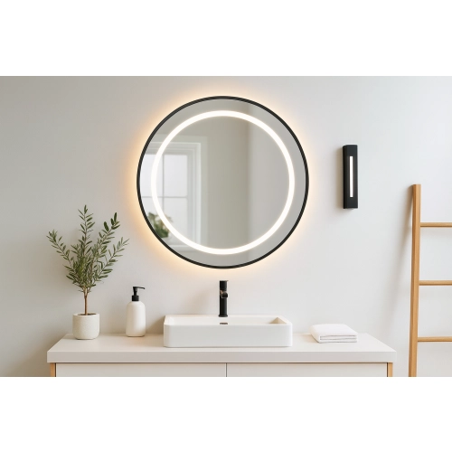 Lustro okrągłe w czarnej matowej ramie mdf z piaskowanym podświetleniem - LAURA LED - kolor ramy do wyboru